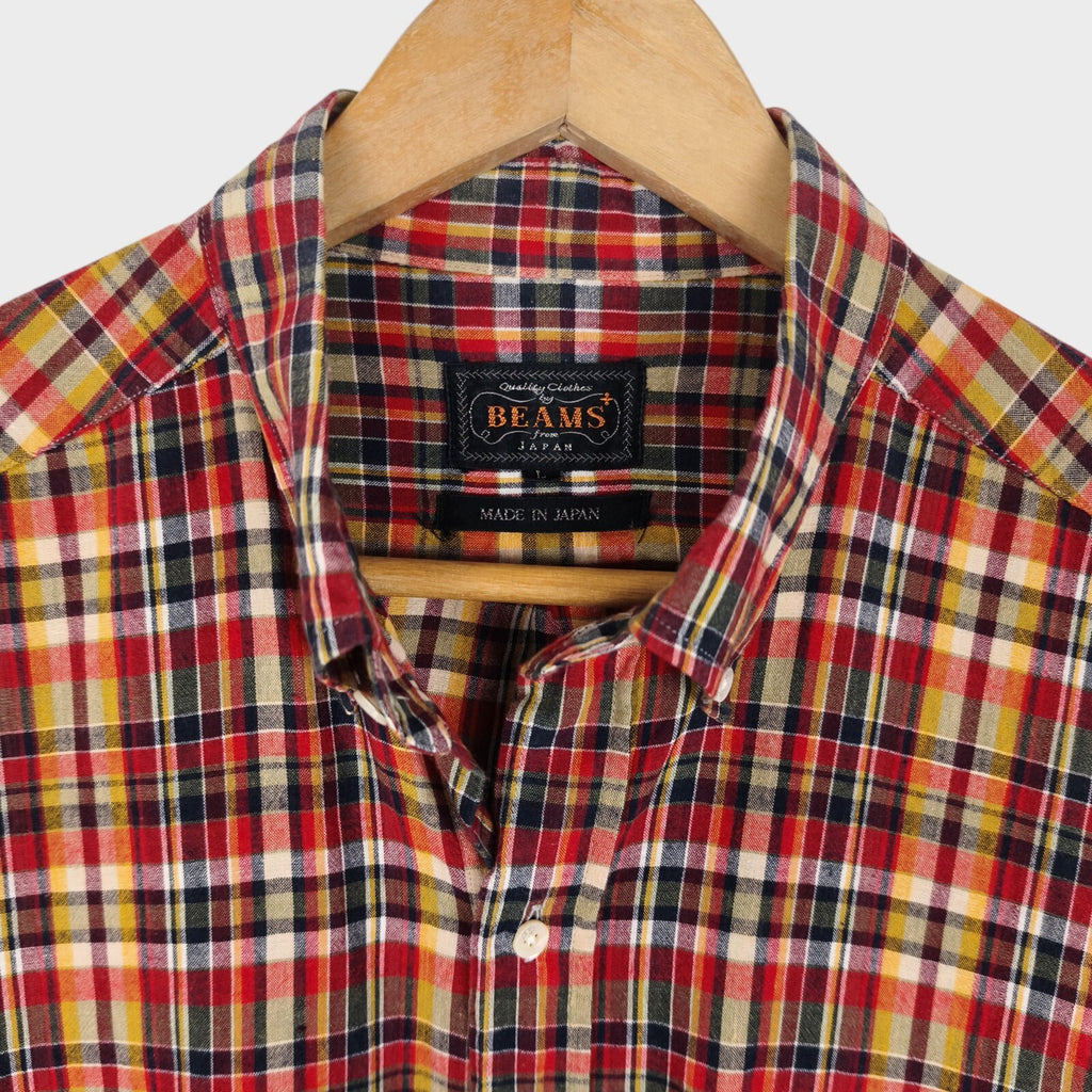 BEAMS PLUS Men's Made in Japan Lightweight Cotton Checked Short Sleeved Shirt