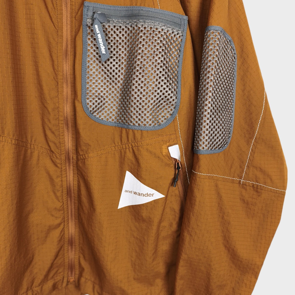 AND WANDER Men's Brown Breath Rip Hooded Jacket