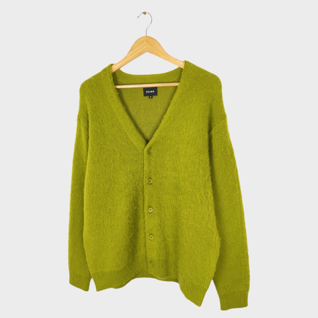 BEAMS Men's Lime Green Mohair Blend Shaggy Grunge Cardigan