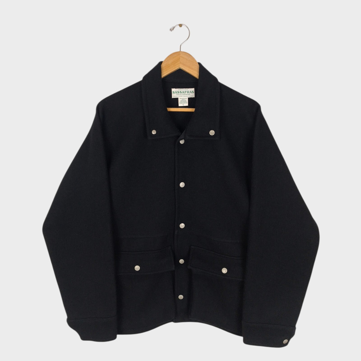 SASSAFRAS Men's Made in Japan Black Heavyweight Melton Wool Flower Hunter Jacket