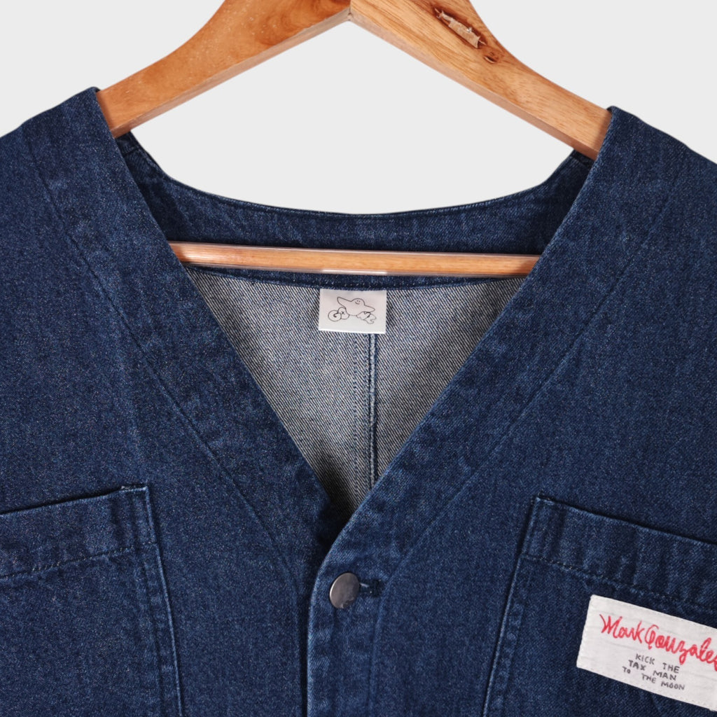MARK GONZALES Men's Oversized Fit Blue V-Neck Engineer Chore Jacket