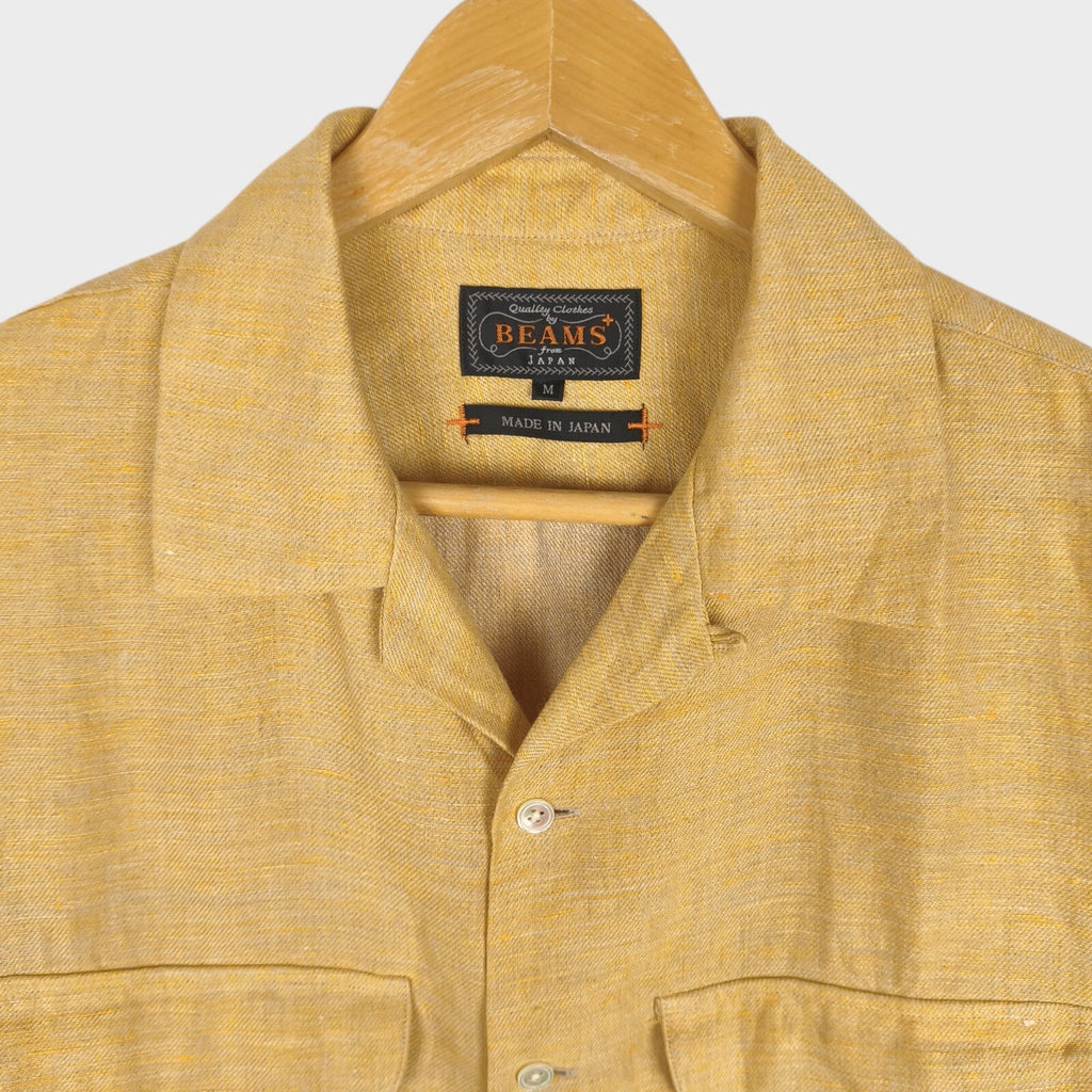 BEAMS PLUS Men's Made in Japan 100% Linen Camp Collar Vacation Shirt