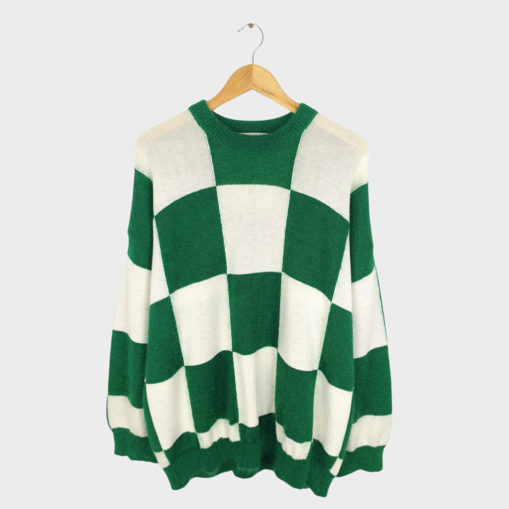 PUBLIC TOKYO Men's Made in Japan Green/White Check Mohair Blend Shaggy Jumper