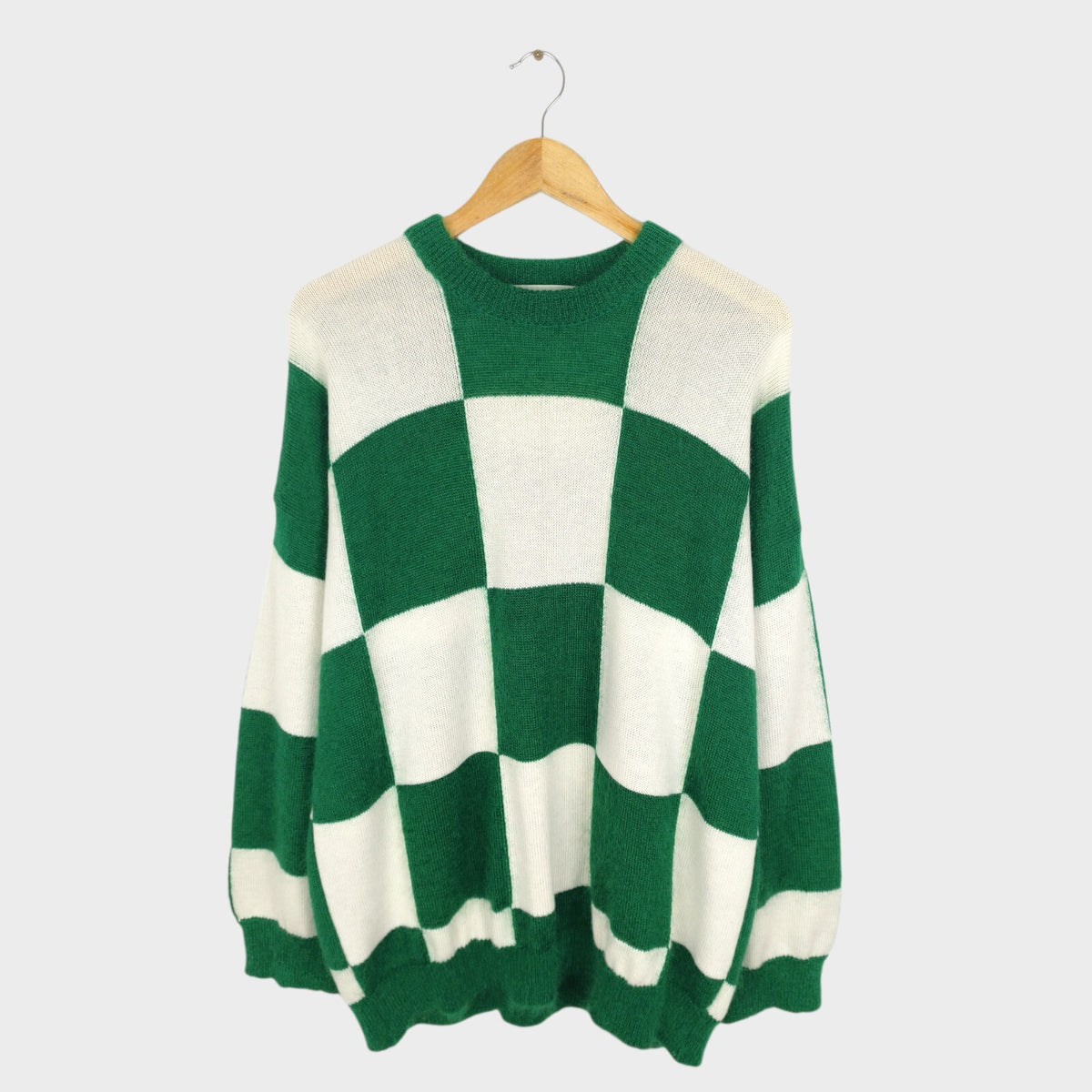 PUBLIC TOKYO Men's Made in Japan Green/White Check Mohair Blend Shaggy Jumper