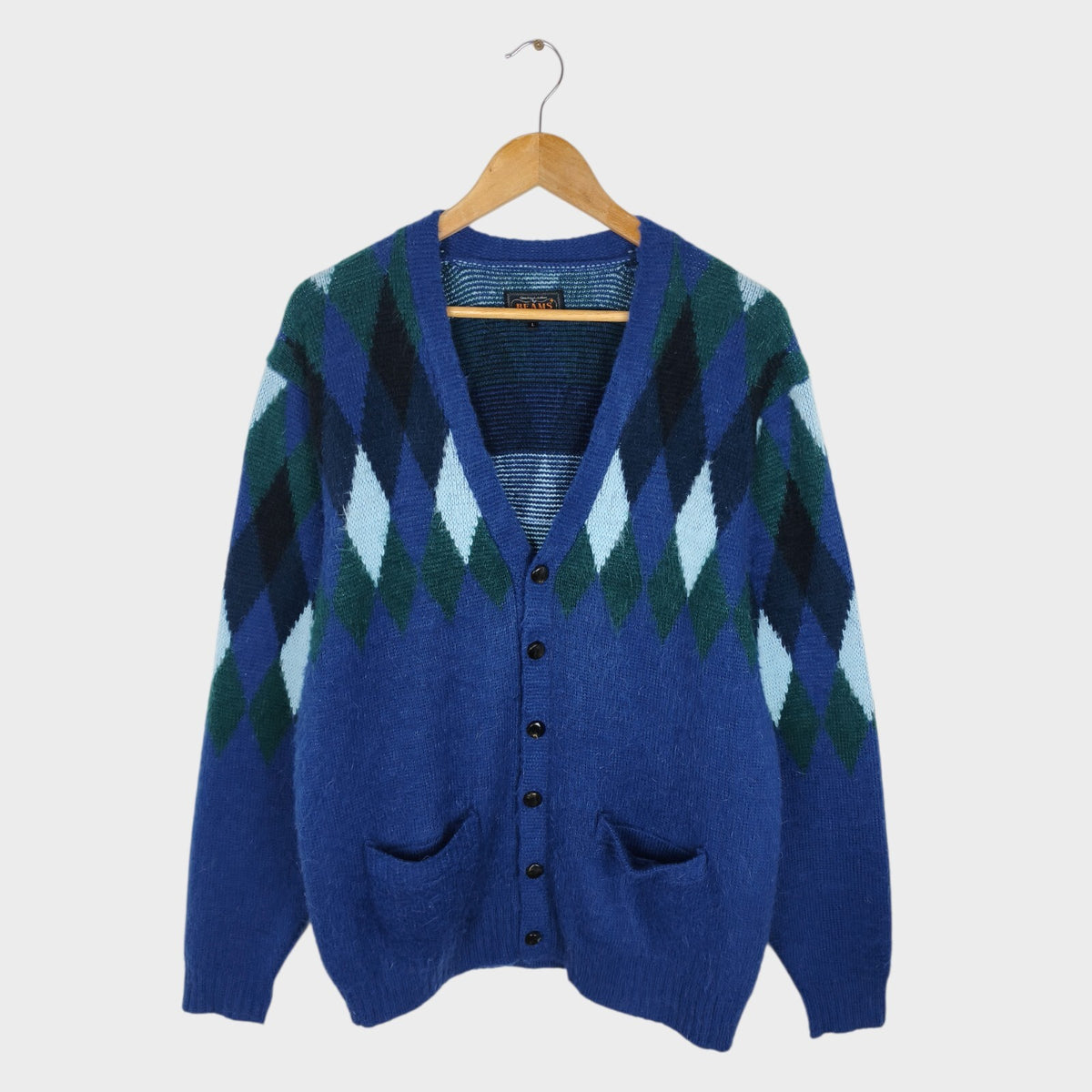 BEAMS PLUS Men's Mohair Blend Shaggy Grunge Argyle Cardigan
