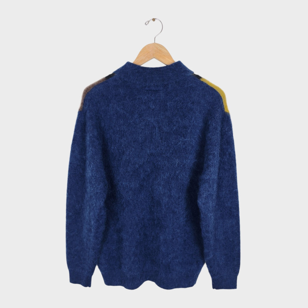 BEAMS PLUS Men's Blue 9 Gauge Shaggy Mohair Blend Polo Shirt Jumper