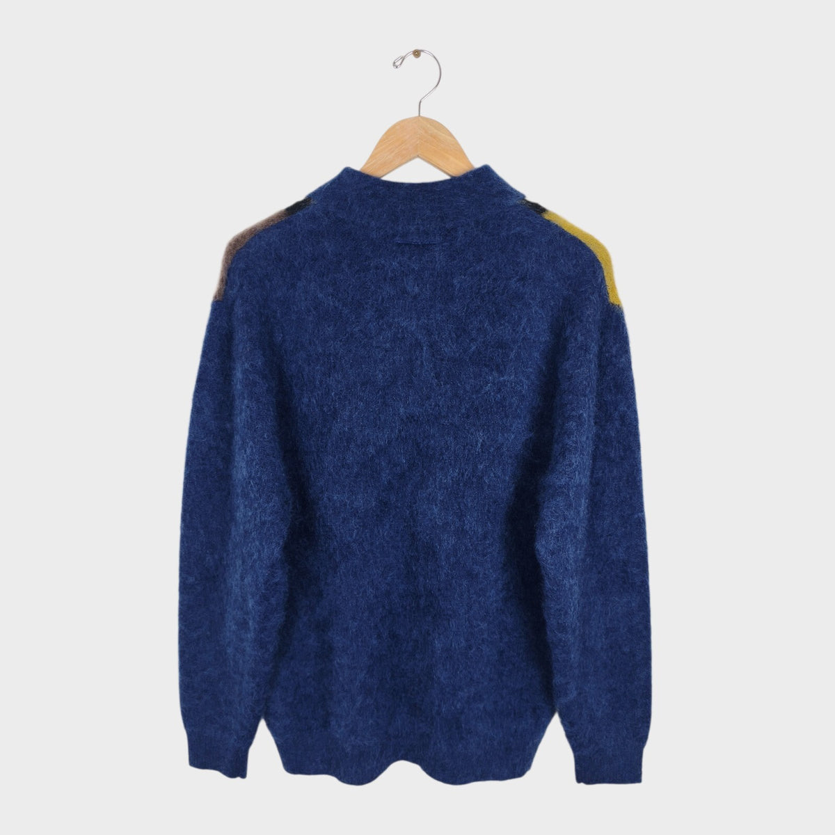 BEAMS PLUS Men's Blue 9 Gauge Shaggy Mohair Blend Polo Shirt Jumper