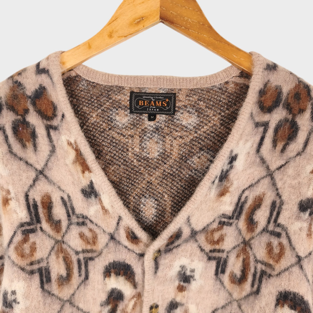 BEAMS PLUS Men's Mohair Blend Shaggy Grunge Ski Club Jacquard Cardigan