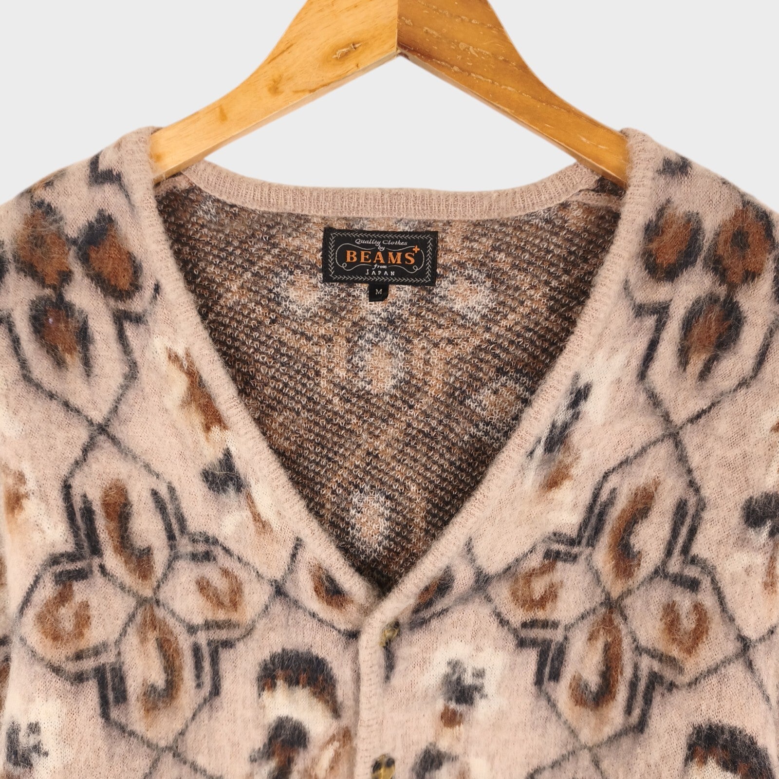 BEAMS PLUS Men's Mohair Blend Shaggy Grunge Ski Club Jacquard Cardigan