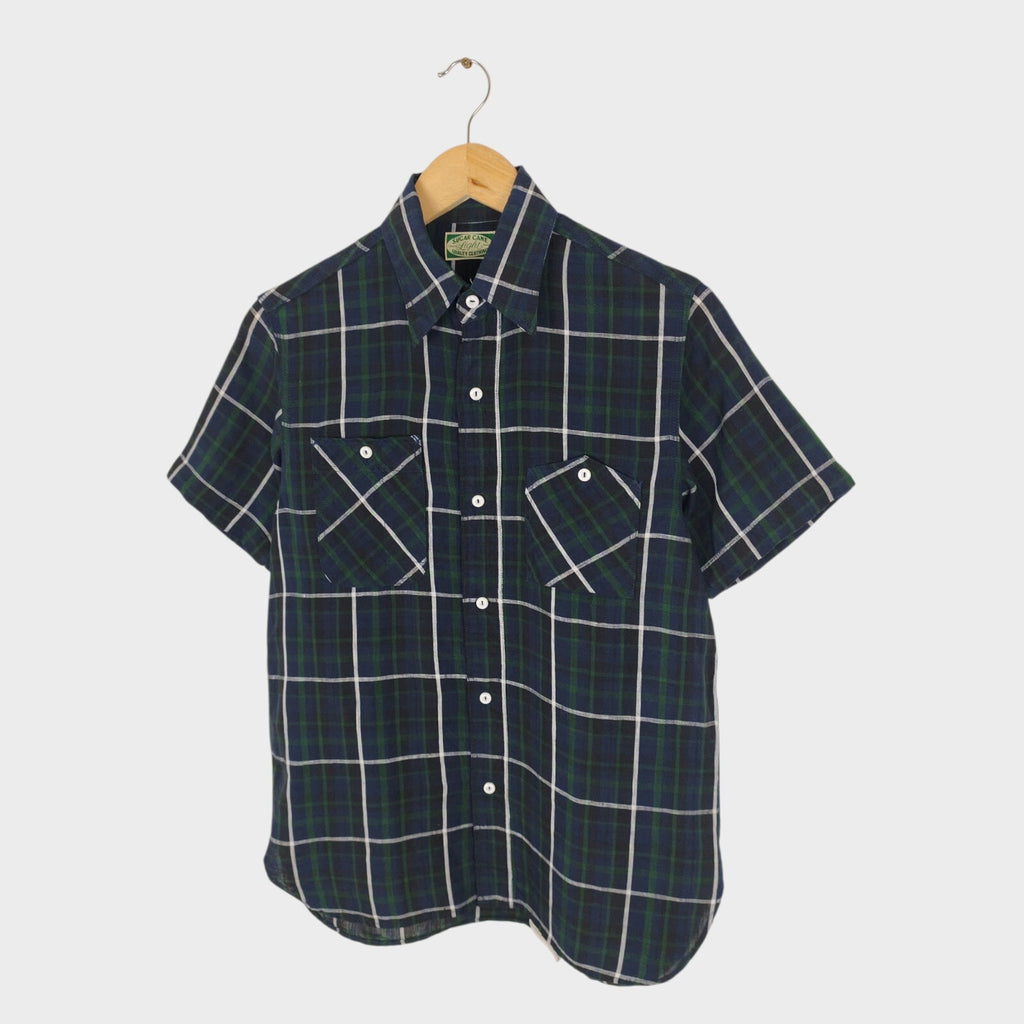 SUGAR CANE Men's Made in Japan Checked 100% Linen Short Sleeved Shirt