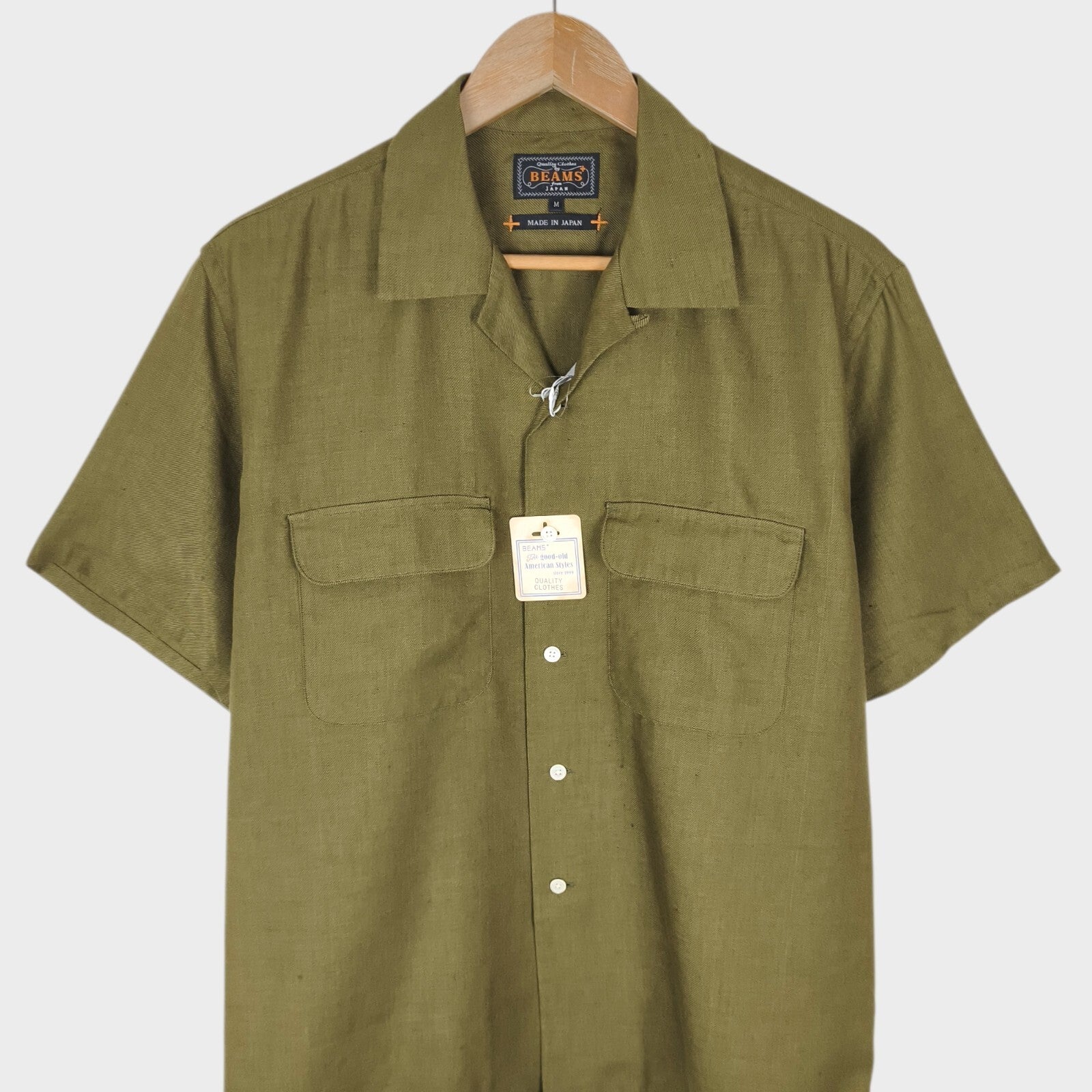BEAMS PLUS Men's Made in Japan Olive Green Linen Blend Camp Collar Shirt