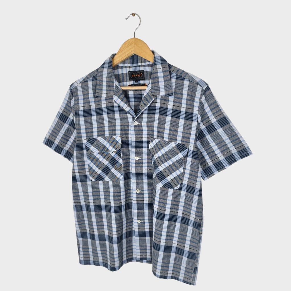 BEAMS PLUS Men's Made in Japan Cotton Checked Camp Collar Shirt
