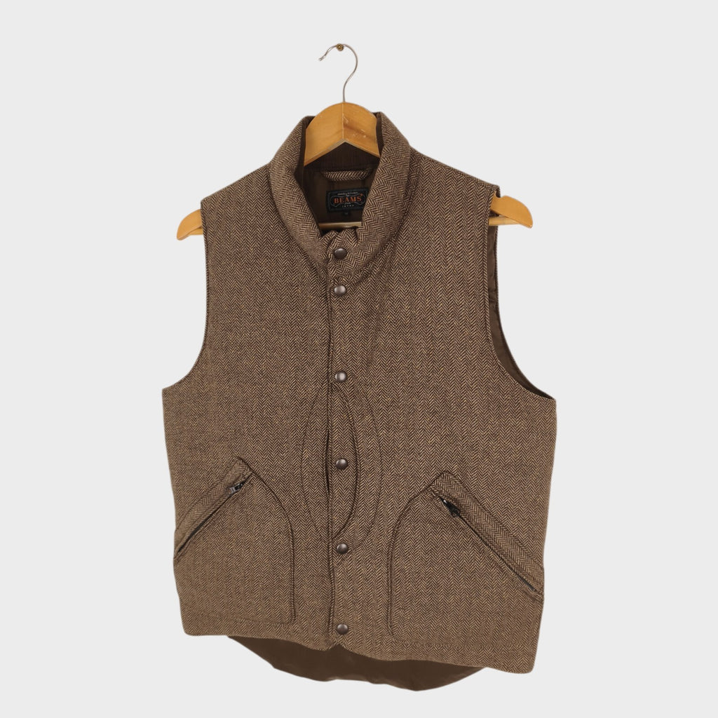 BEAMS PLUS Men's Brown Herringbone Wool Blend Down Feather Utility Gilet