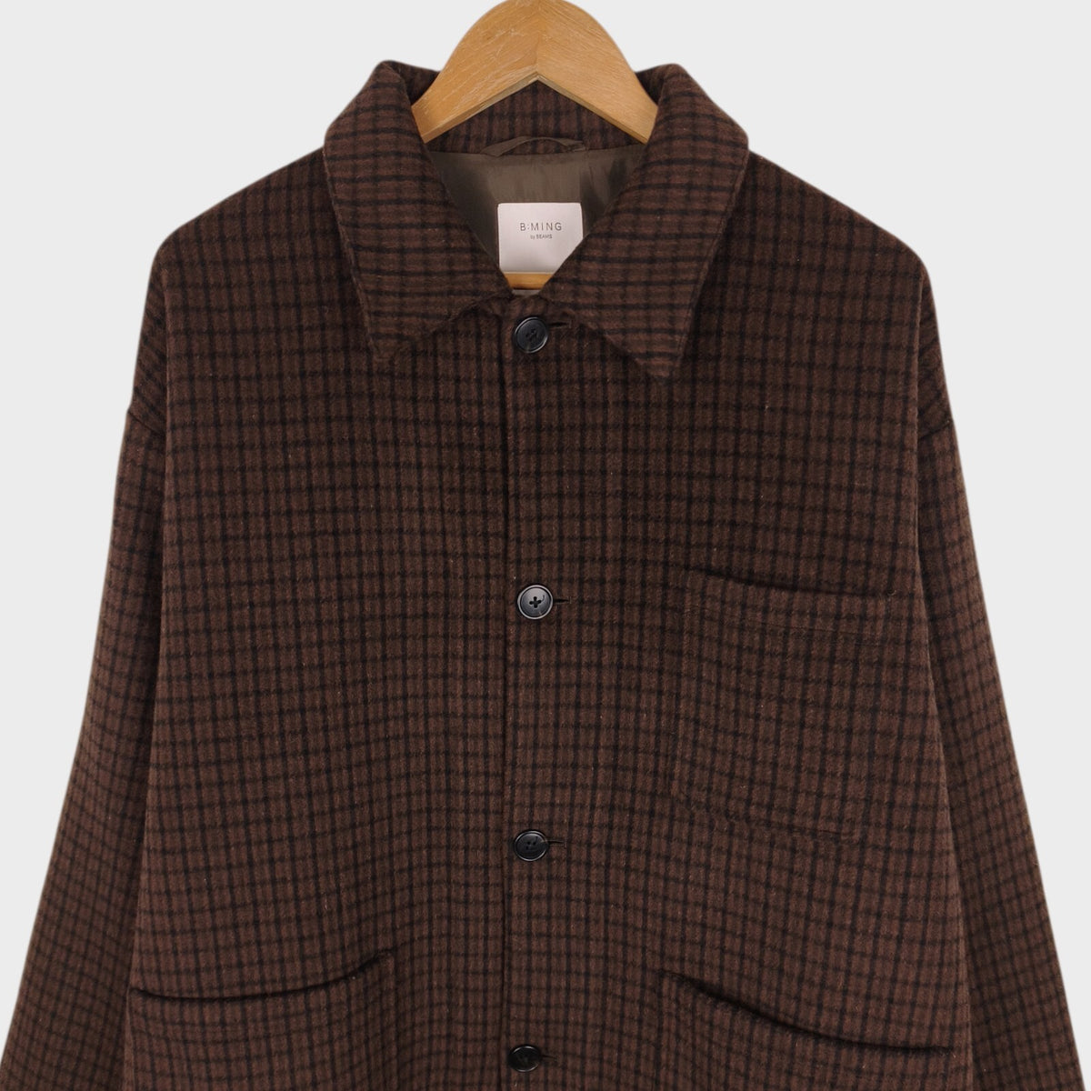 BEAMS B:MING Men's Brown Check Tasmania Wool Blend Chore Jacket
