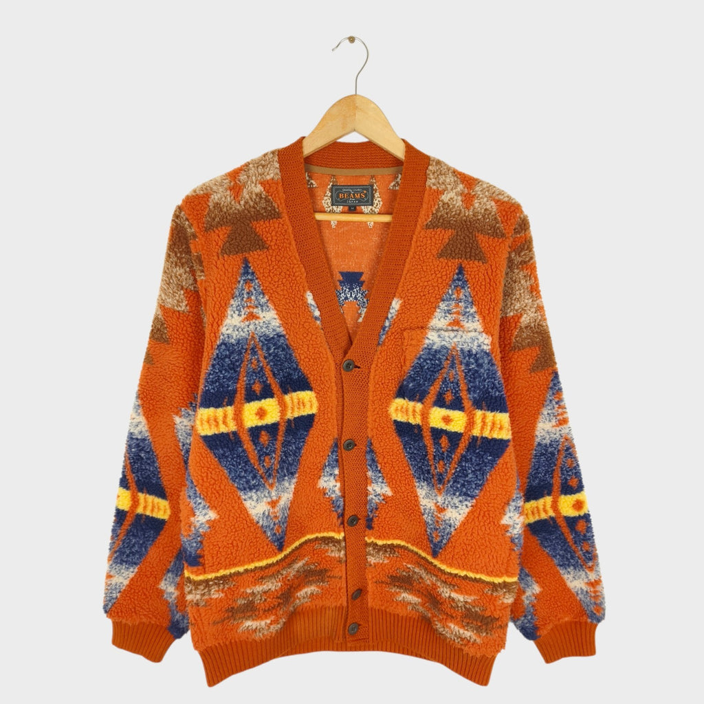 BEAMS PLUS Men's Navajo Fleece Jacquard Pattern Cardigan
