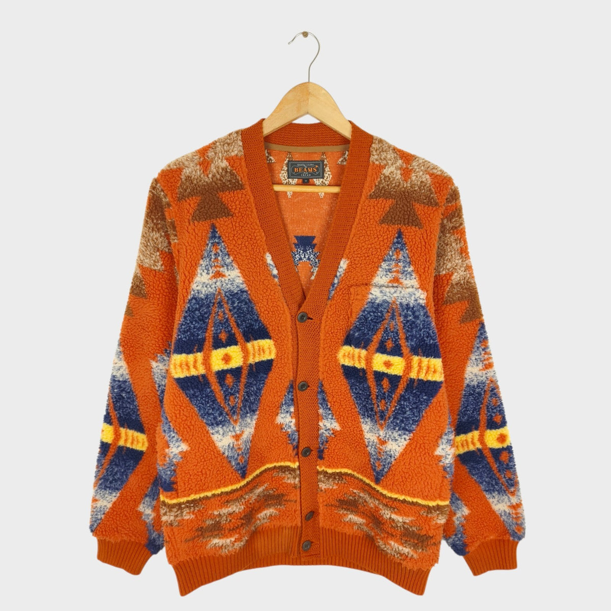 BEAMS PLUS Men's Navajo Fleece Jacquard Pattern Cardigan