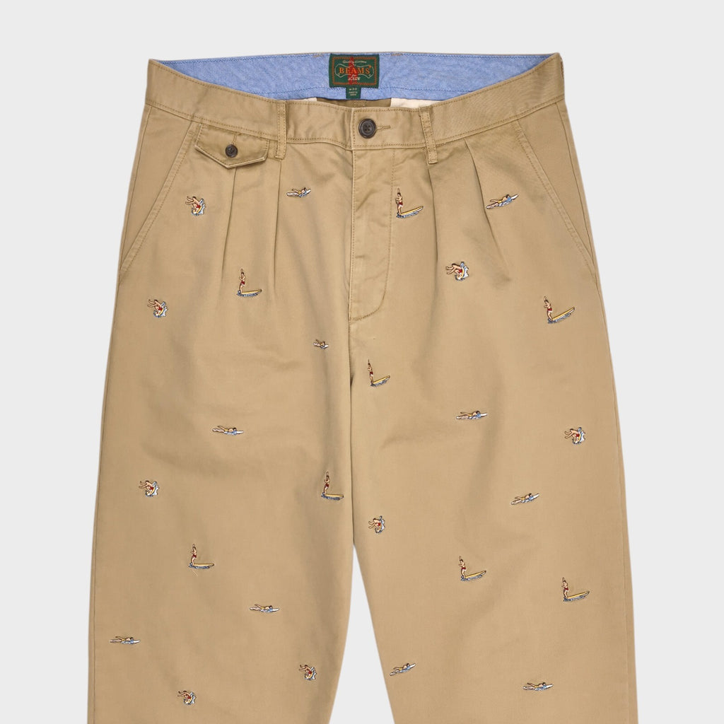 BEAMS PLUS x J.CREW Men's Beige Surfer Embroidery Pleated Chino Trousers