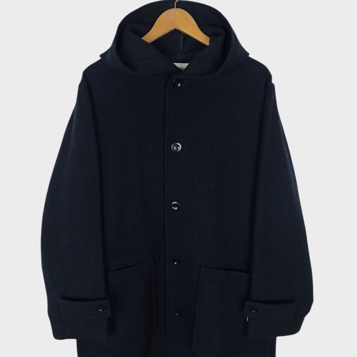 MHL MARGARET HOWELL Men's Dark Navy Blue 100% Wool Hooded Coat