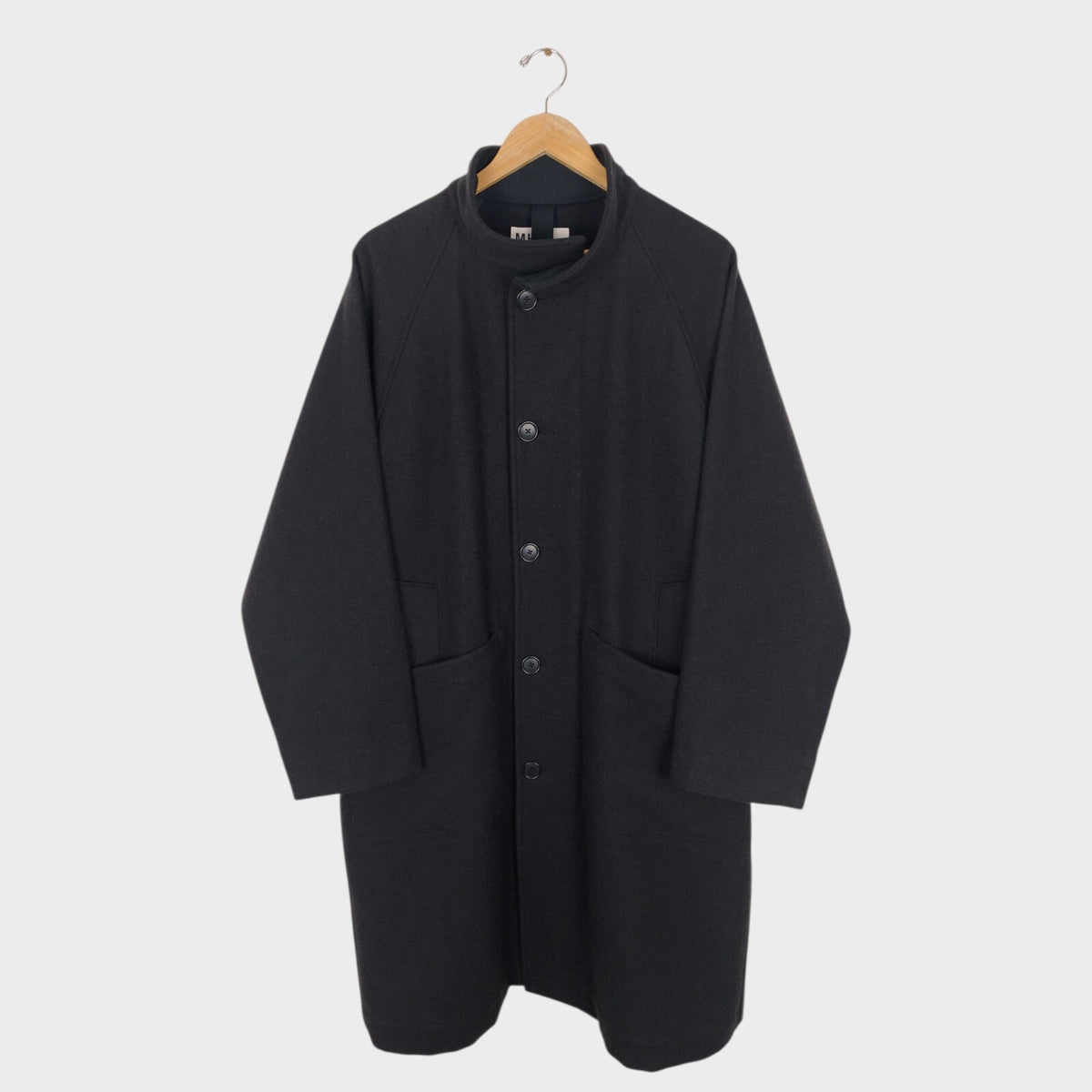 MHL MARGARET HOWELL Men's Grey Heavyweight 100% Melton Wool Stand Collar Coat