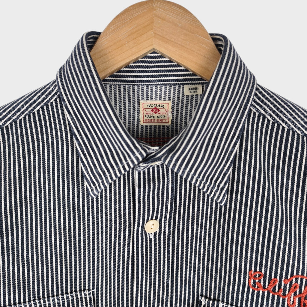 SUGAR CANE Men's Made in Japan Hickory Stripe Chain Stitch Embroidered Shirt
