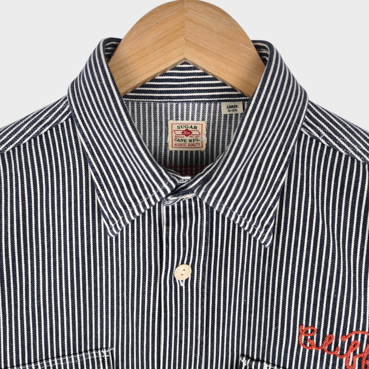 SUGAR CANE Men's Made in Japan Hickory Stripe Chain Stitch Embroidered Shirt