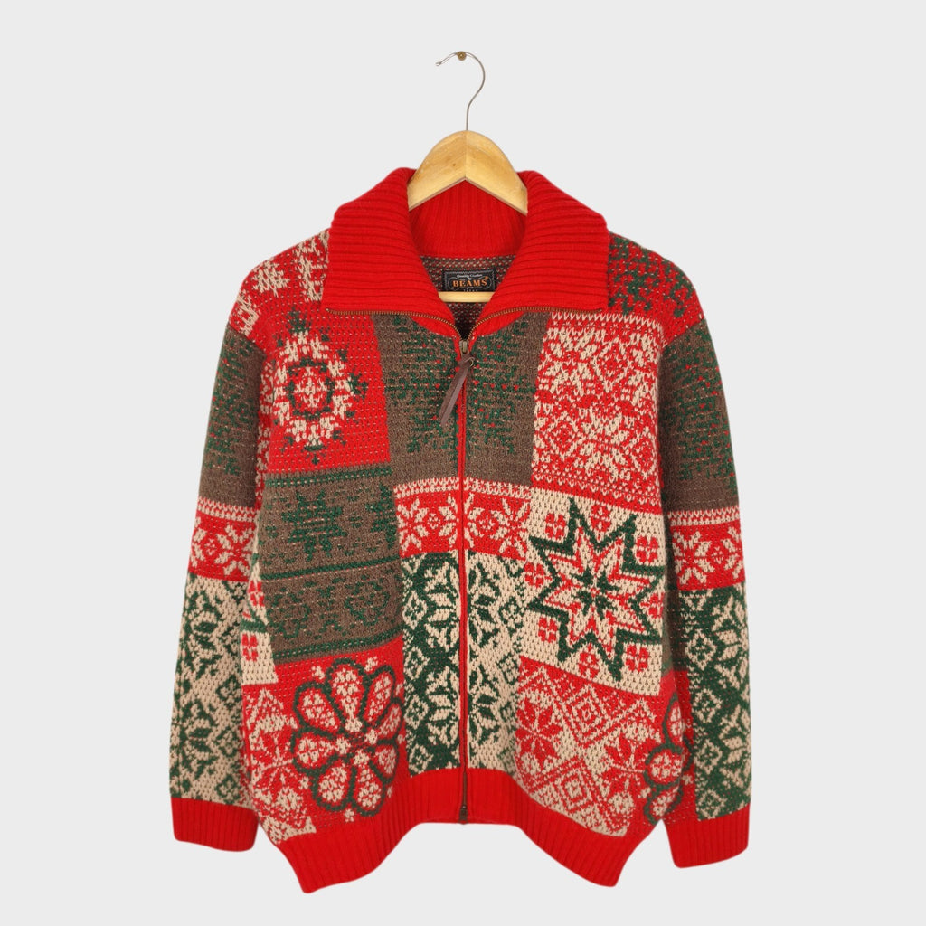 BEAMS PLUS Men's Red 100% Heavyweight Wool Jacquard Patchwork Jacket