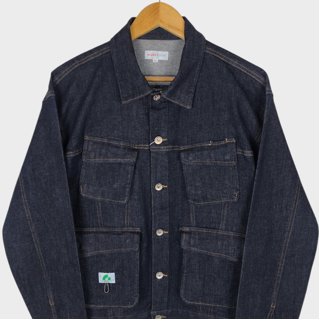 BEAMS Men's Dark Blue Cropped Denim Utility Chore Jacket