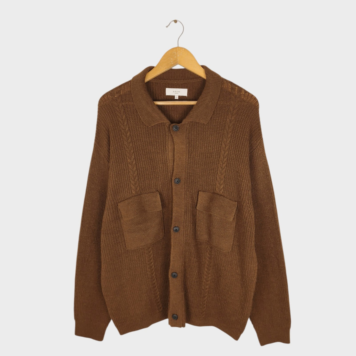 BEAMS B:MING Men's Brown 7-Gauge Cable Knit Cardigan Jacket
