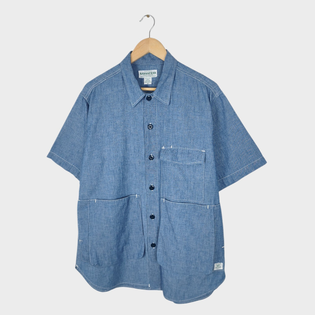 SASSAFRAS Men's Made in Japan Blue 5oz Chambray Digs Crew Half Shirt