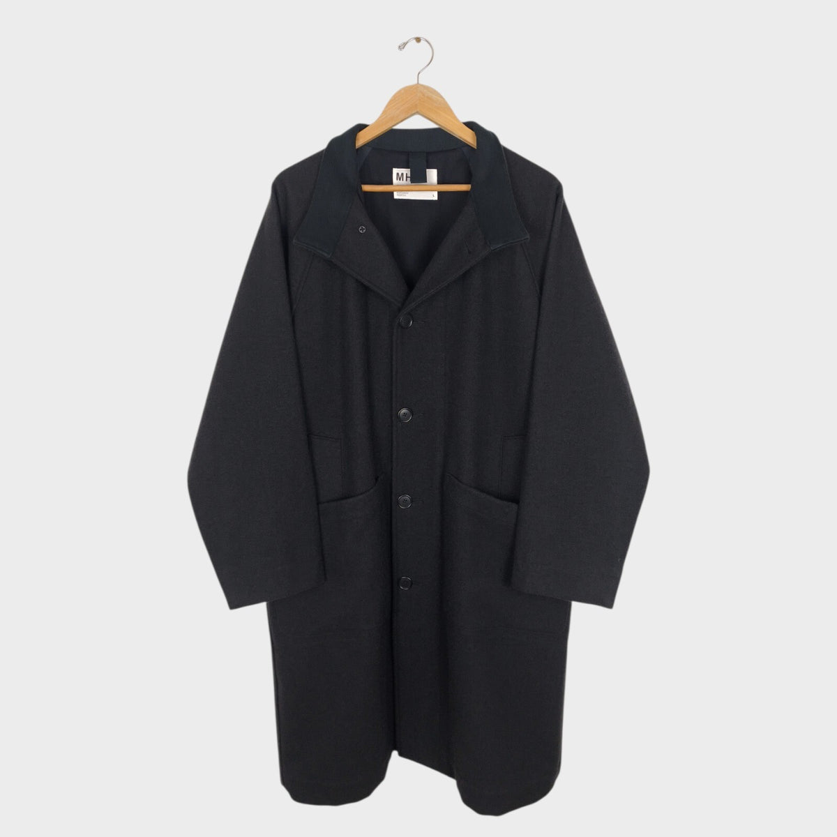 MHL MARGARET HOWELL Men's Grey Heavyweight 100% Melton Wool Stand Collar Coat