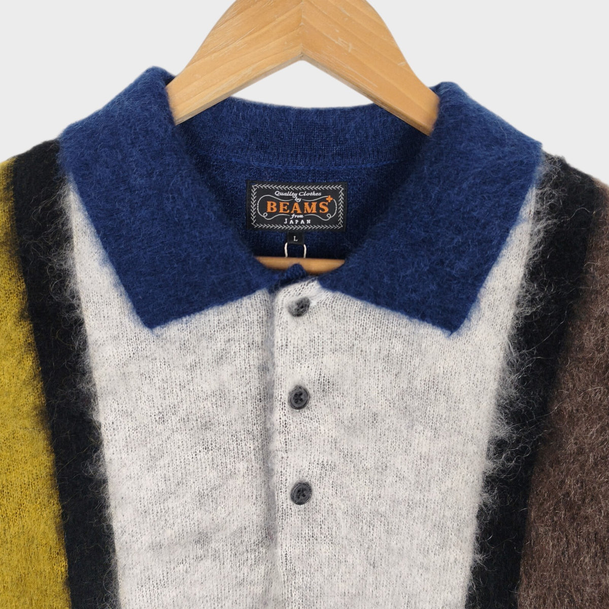 BEAMS PLUS Men's Blue 9 Gauge Shaggy Mohair Blend Polo Shirt Jumper