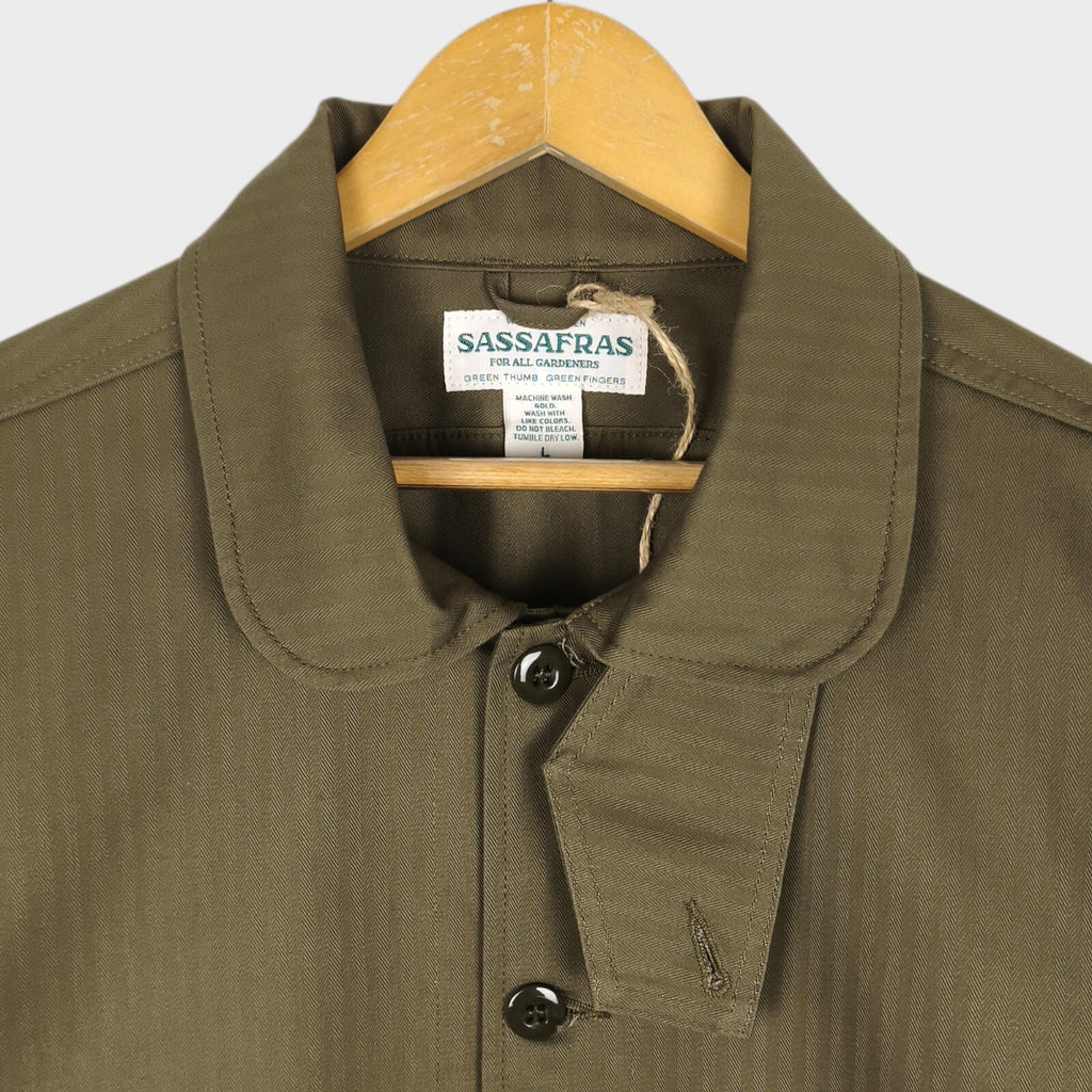 SASSAFRAS Men's Made in Japan Green Herringbone Overgrown Trug Jacket