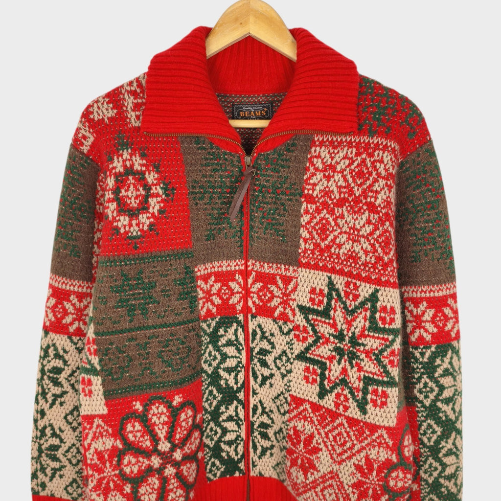 BEAMS PLUS Men's Red 100% Heavyweight Wool Jacquard Patchwork Jacket