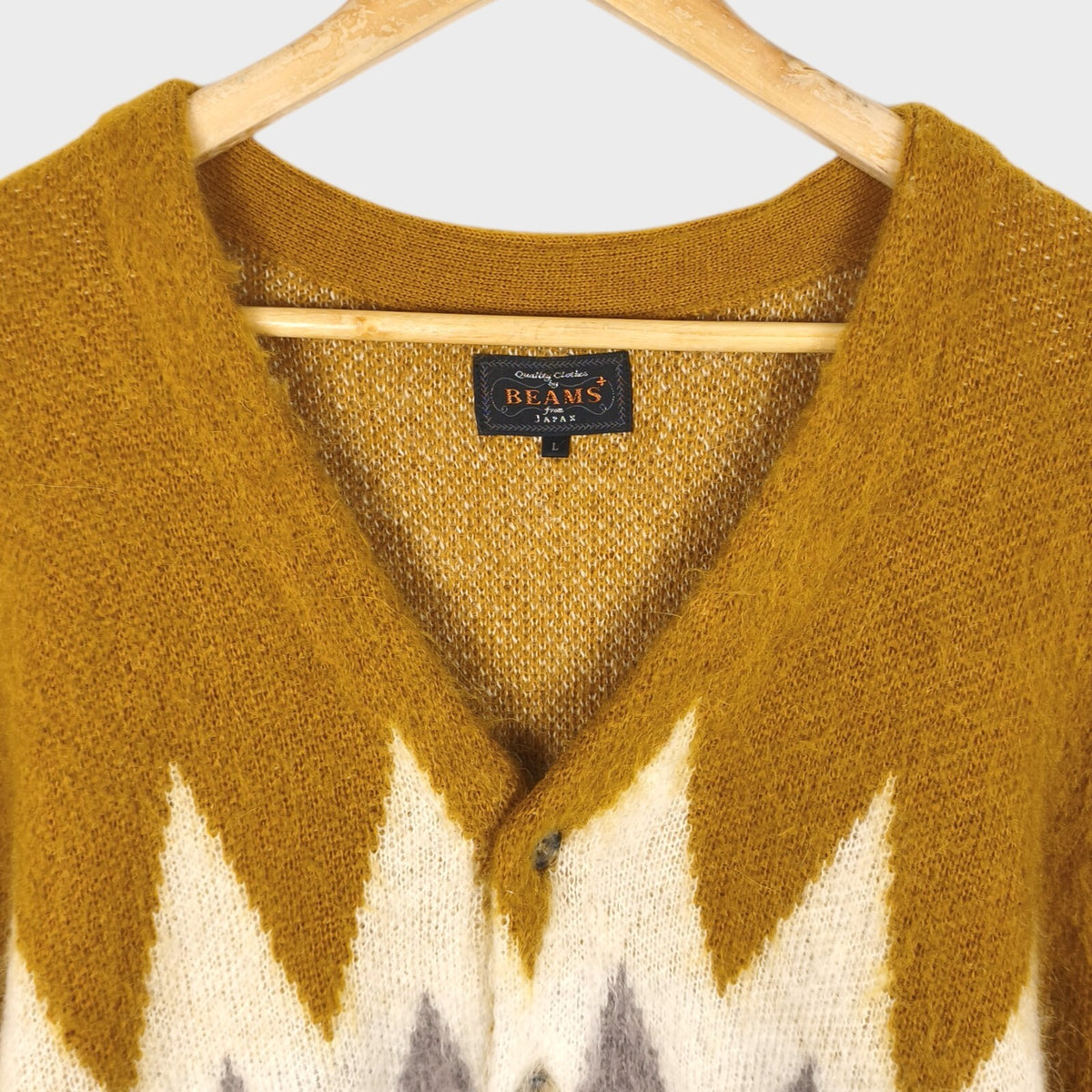 BEAMS PLUS Men's Mohair Blend Shaggy Grunge Argyle Cardigan