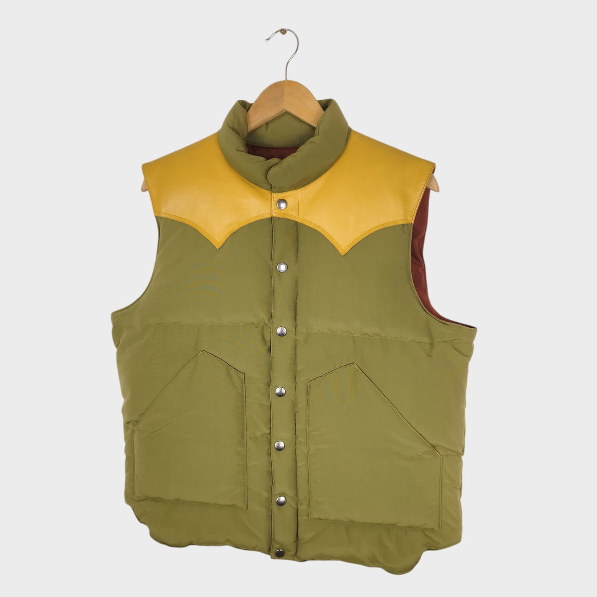 SUGAR CANE Men's Olive Green Cotton/Nylon Leather Yoke Down Vest Gilet