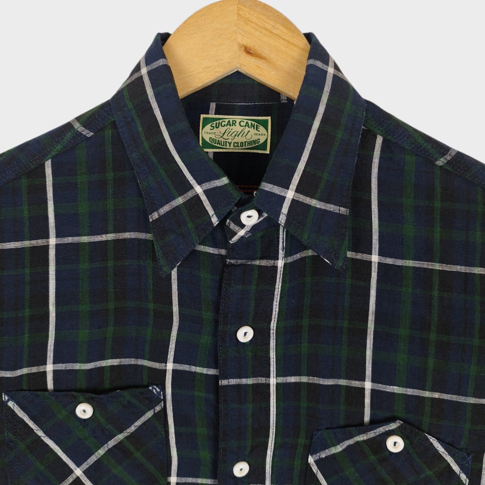 SUGAR CANE Men's Made in Japan Checked 100% Linen Short Sleeved Shirt