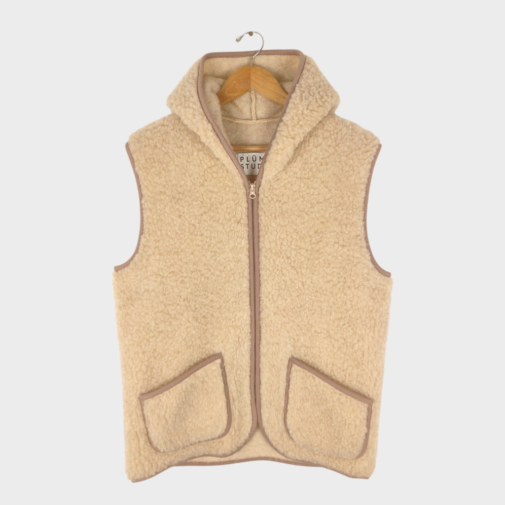 PLUMO STUDIO Women's 100% Wool Pile Fleece Hooded Zip Vest Gilet