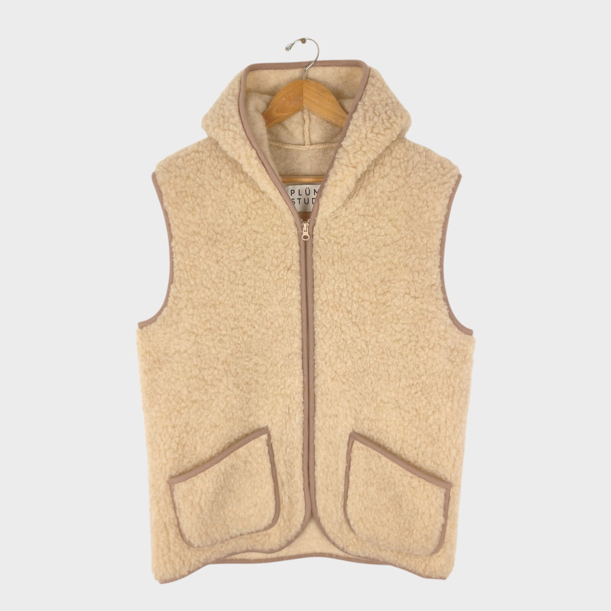PLUMO STUDIO Women's 100% Wool Pile Fleece Hooded Zip Vest Gilet