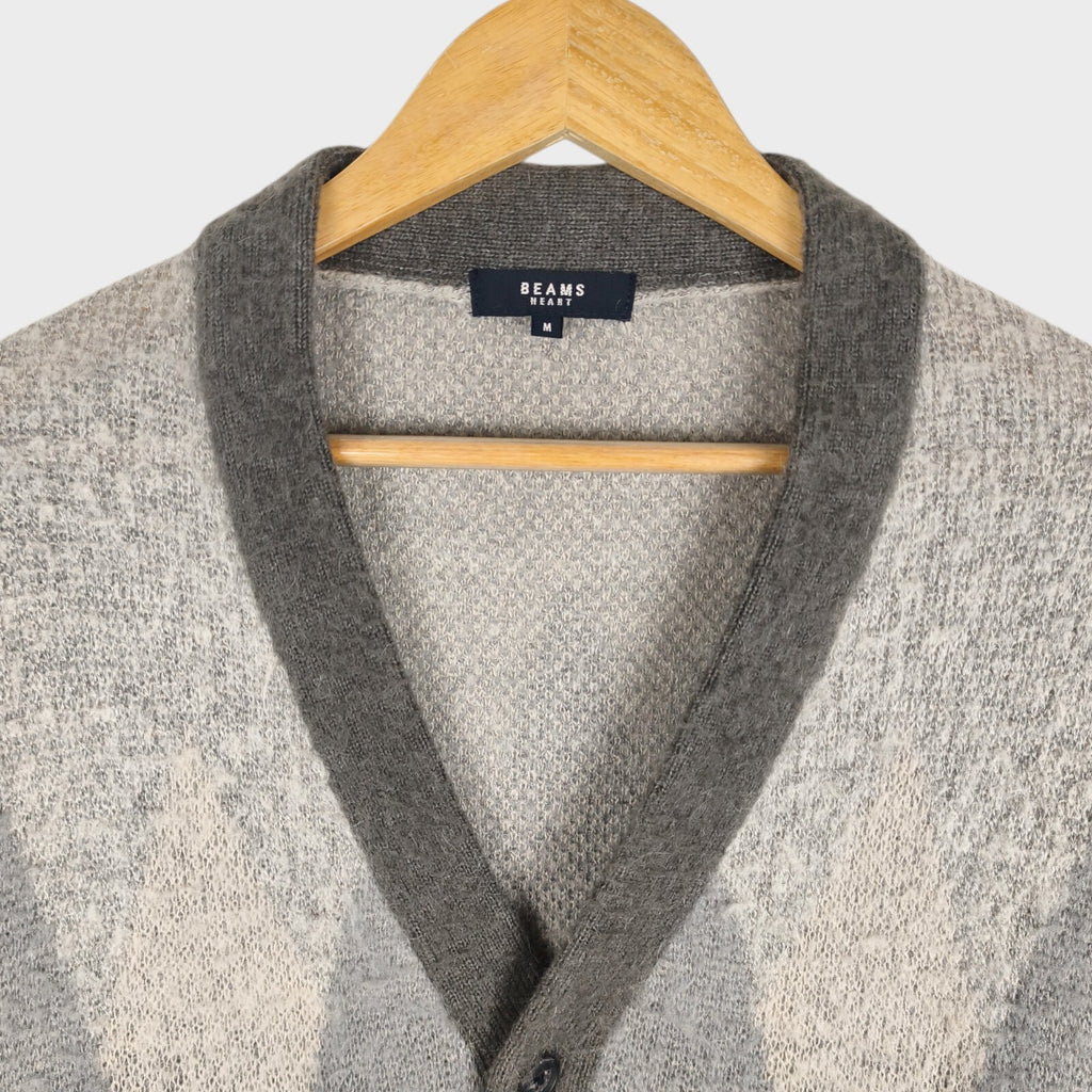BEAMS HEART Men's Mohair Wool Blend Shaggy Grunge Argyle Cardigan