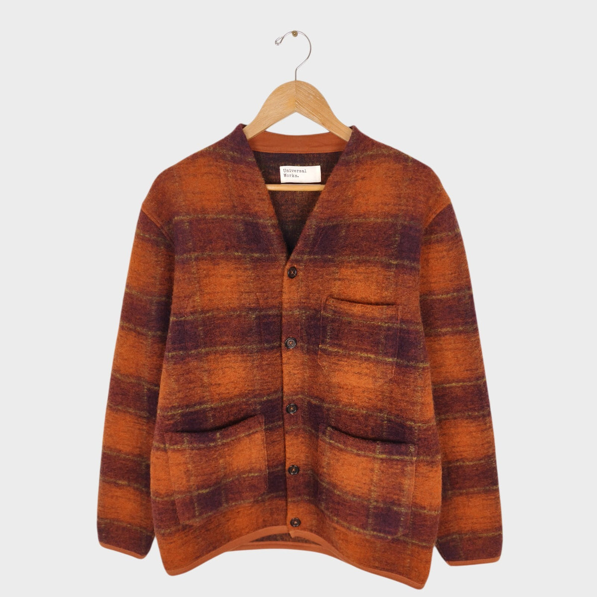 UNIVERSAL WORKS Men's Orange Check Wool Fleece Cardigan