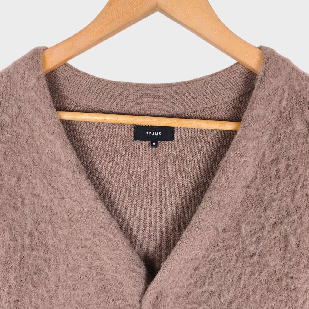 BEAMS Men's Mauve Mohair Blend Shaggy Grunge Cardigan