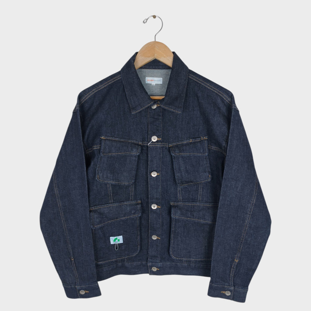 BEAMS Men's Dark Blue Cropped Denim Utility Chore Jacket