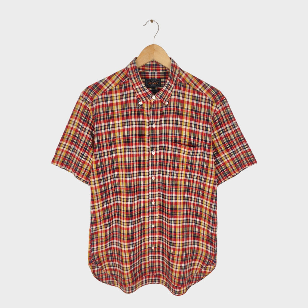 BEAMS PLUS Men's Made in Japan Lightweight Cotton Checked Short Sleeved Shirt