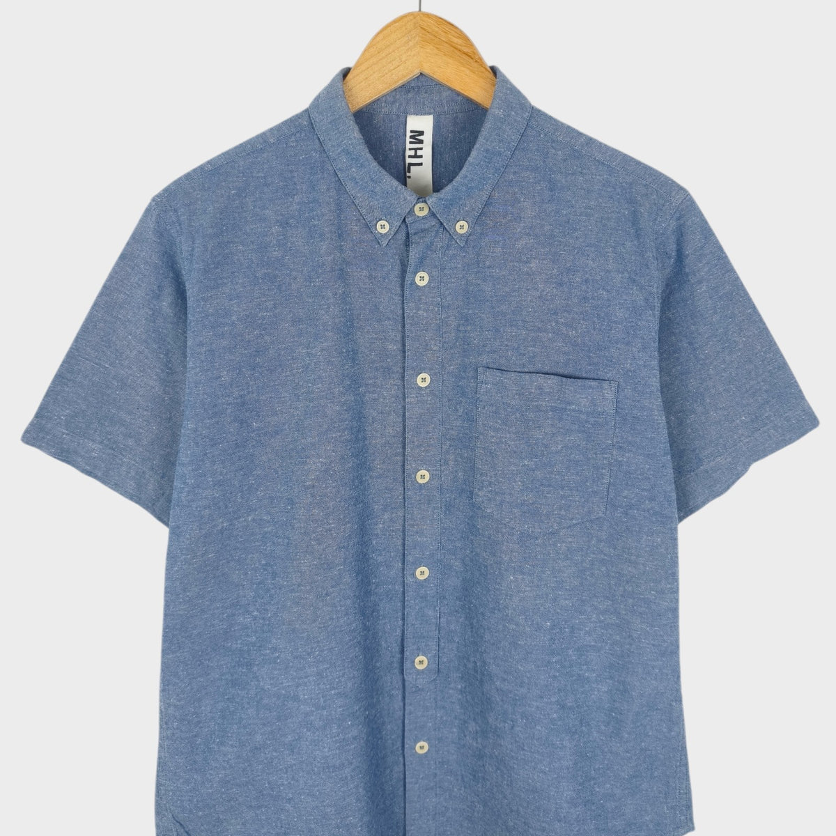 MHL MARGARET HOWELL Men's Blue Cotton/Linen Short Sleeved Shirt