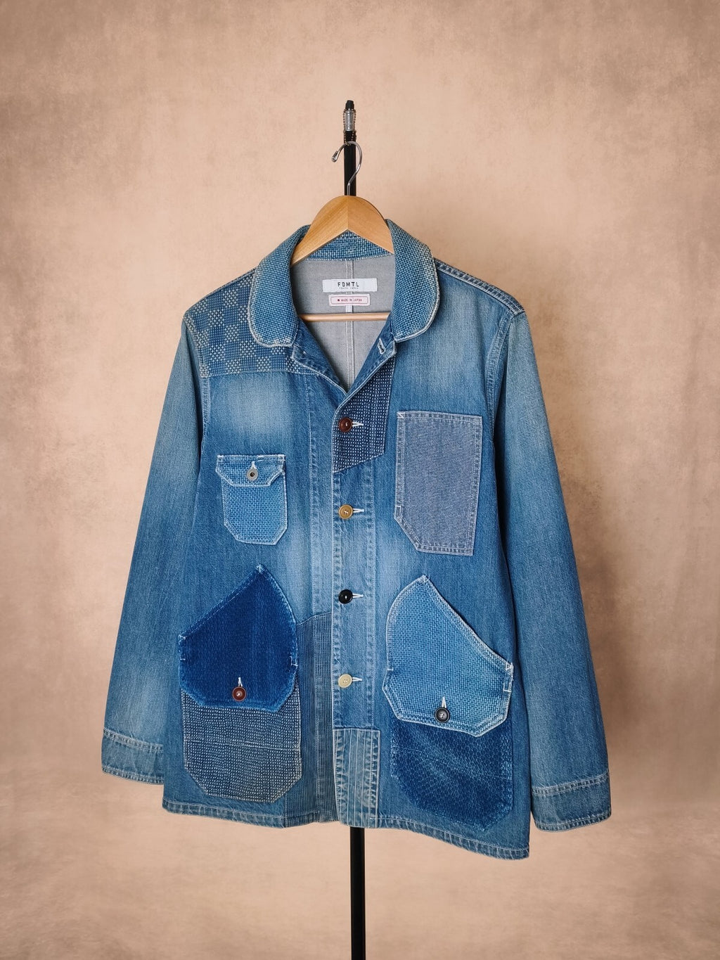 FDMTL Men's Blue Made in Japan Distressed Boro Sashiko Denim Chore Jacket