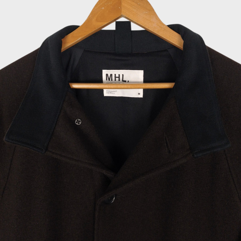 MHL MARGARET HOWELL Men's Brown Heavyweight 100% Melton Wool Stand Collar Coat