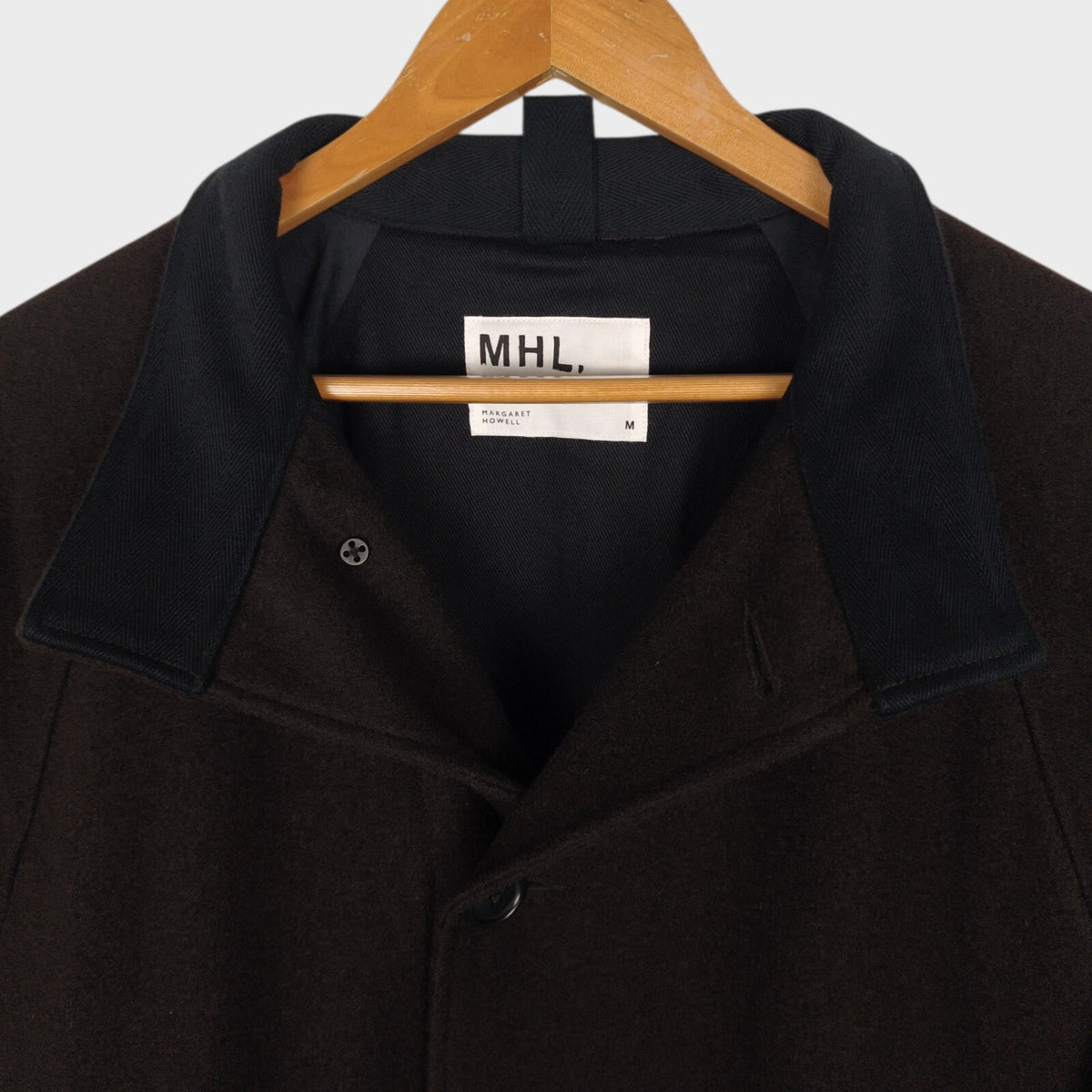 MHL MARGARET HOWELL Men's Brown Heavyweight 100% Melton Wool Stand Collar Coat