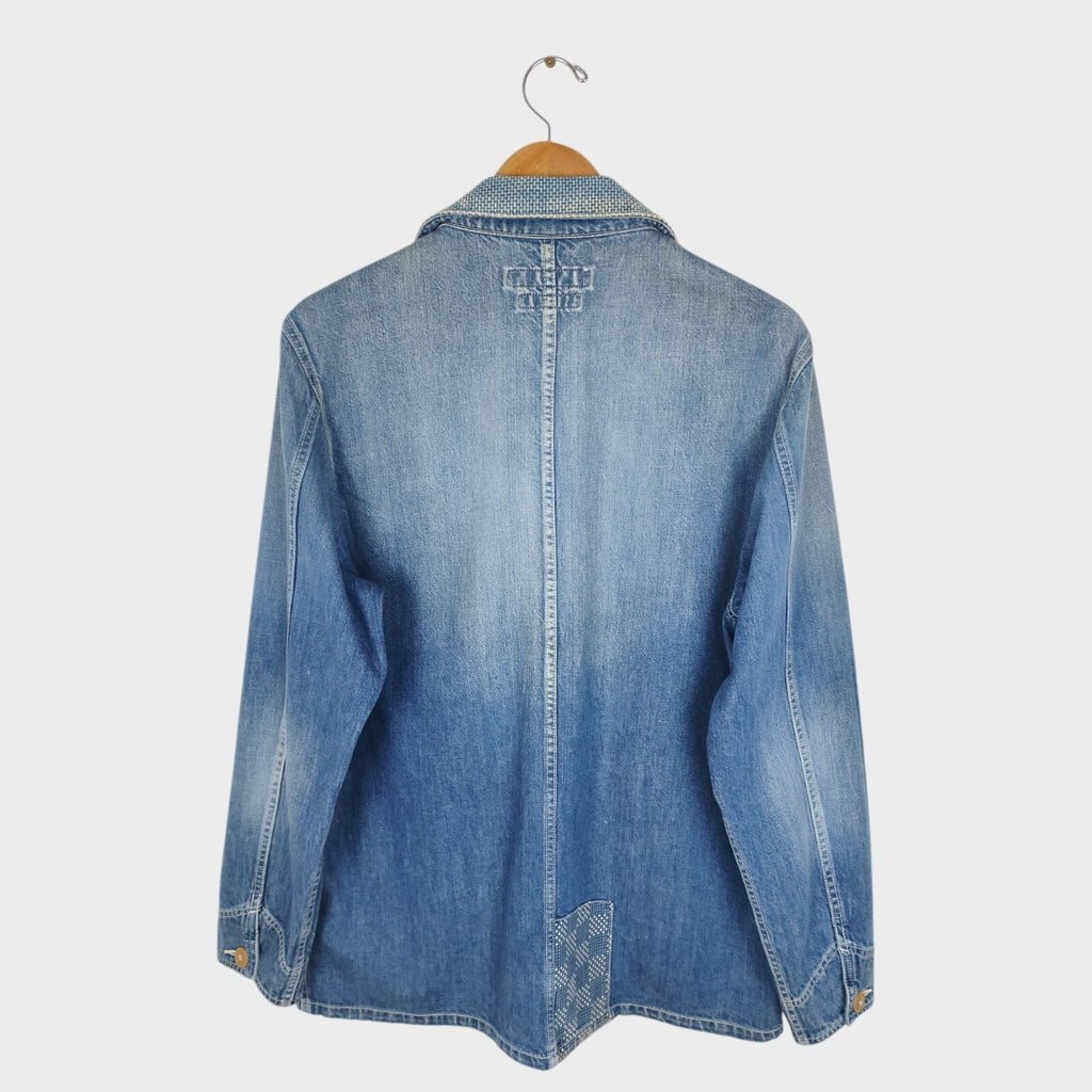 FDMTL Men's Blue Made in Japan Distressed Boro Sashiko Denim Chore Jacket