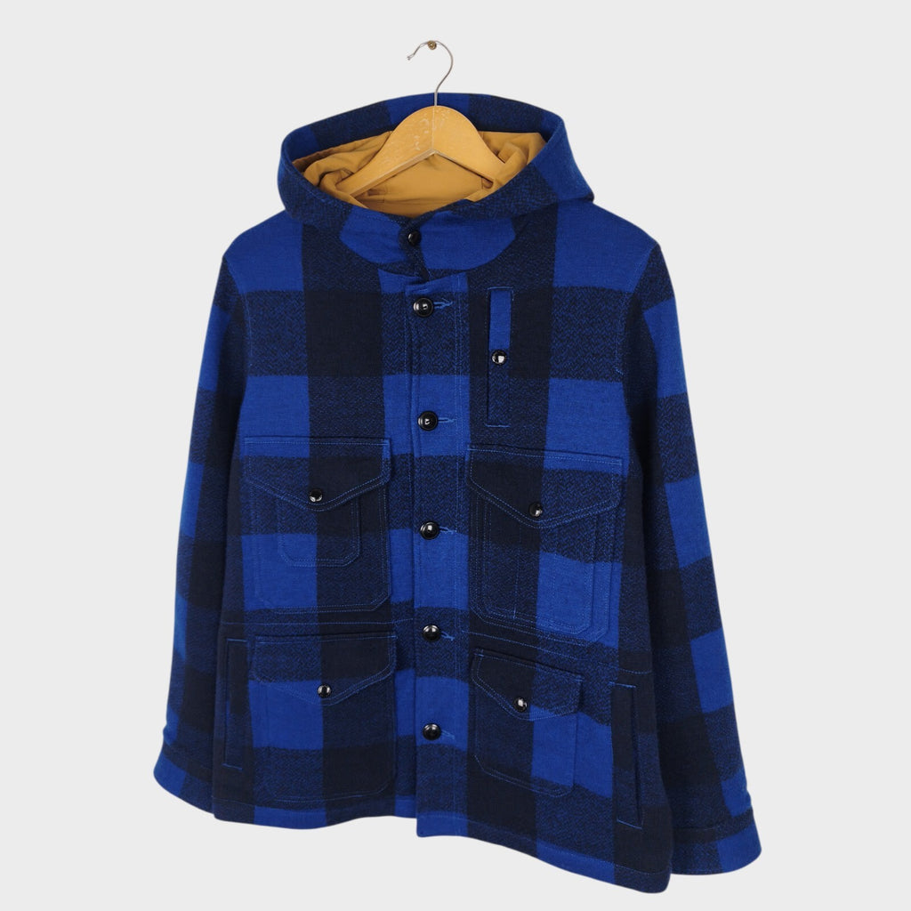 BEAMS PLUS Men's 100% Wool Blue Check Hooded Mackinaw Cruiser Jacket