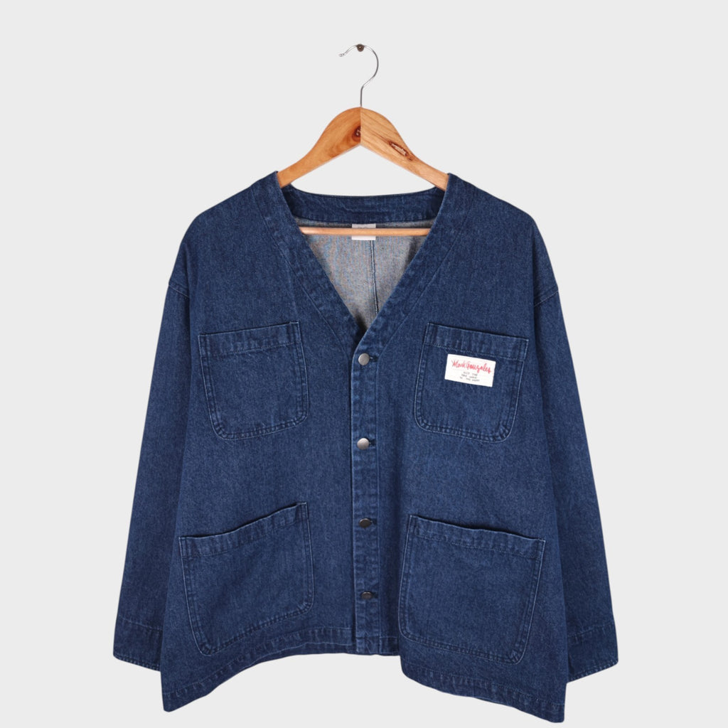 MARK GONZALES Men's Oversized Fit Blue V-Neck Engineer Chore Jacket